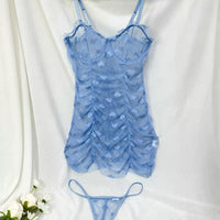 Robe de lingerie sexy avec armature, garniture à volants en maille en forme de cœur et string