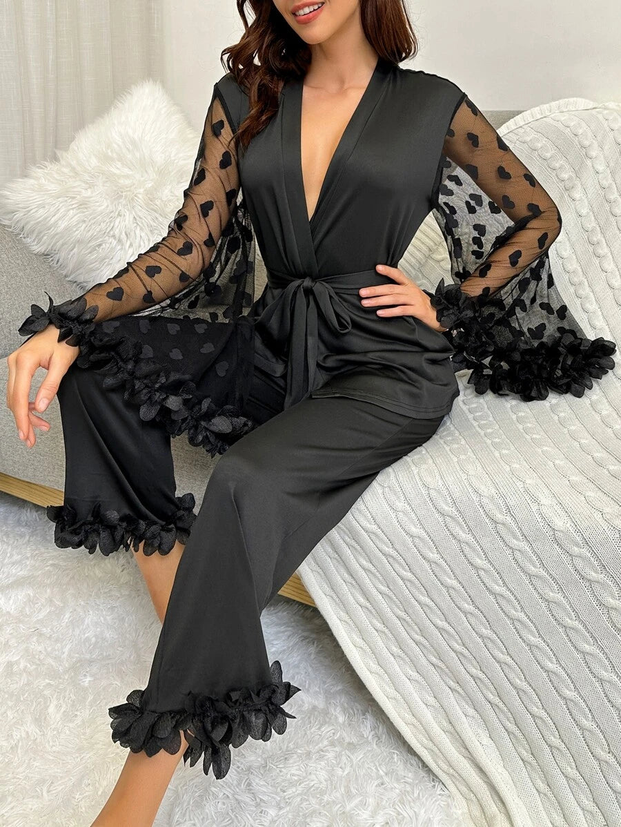 Ensemble de pyjama avec manches à volants en maille contrastée et ceinture, tenue de vacances, vêtements d'automne