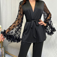 Ensemble de pyjama avec manches à volants en maille contrastée et ceinture, tenue de vacances, vêtements d'automne