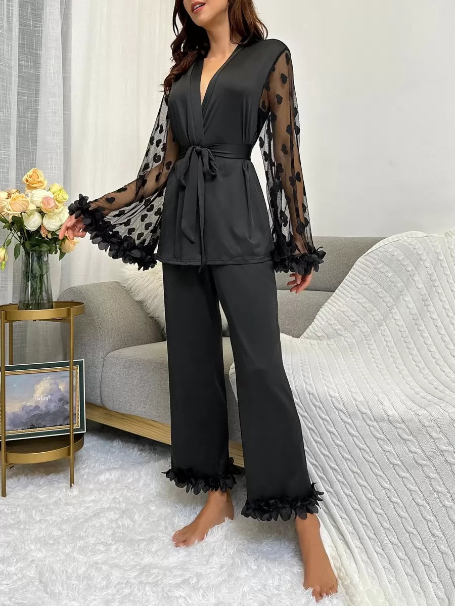 Ensemble de pyjama avec manches à volants en maille contrastée et ceinture, tenue de vacances, vêtements d'automne