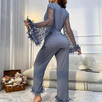 Ensemble de pyjama avec manches à volants en maille contrastée et ceinture, tenue de vacances, vêtements d'automne