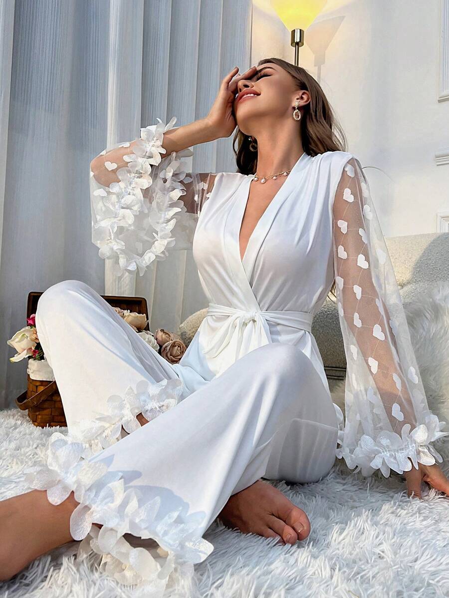 Ensemble de pyjama avec manches à volants en maille contrastée et ceinture, tenue de vacances, vêtements d'automne