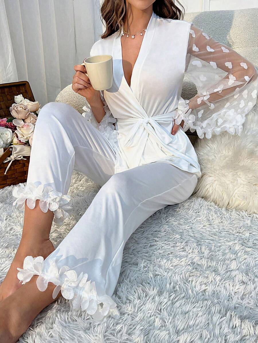 Ensemble de pyjama avec manches à volants en maille contrastée et ceinture, tenue de vacances, vêtements d'automne