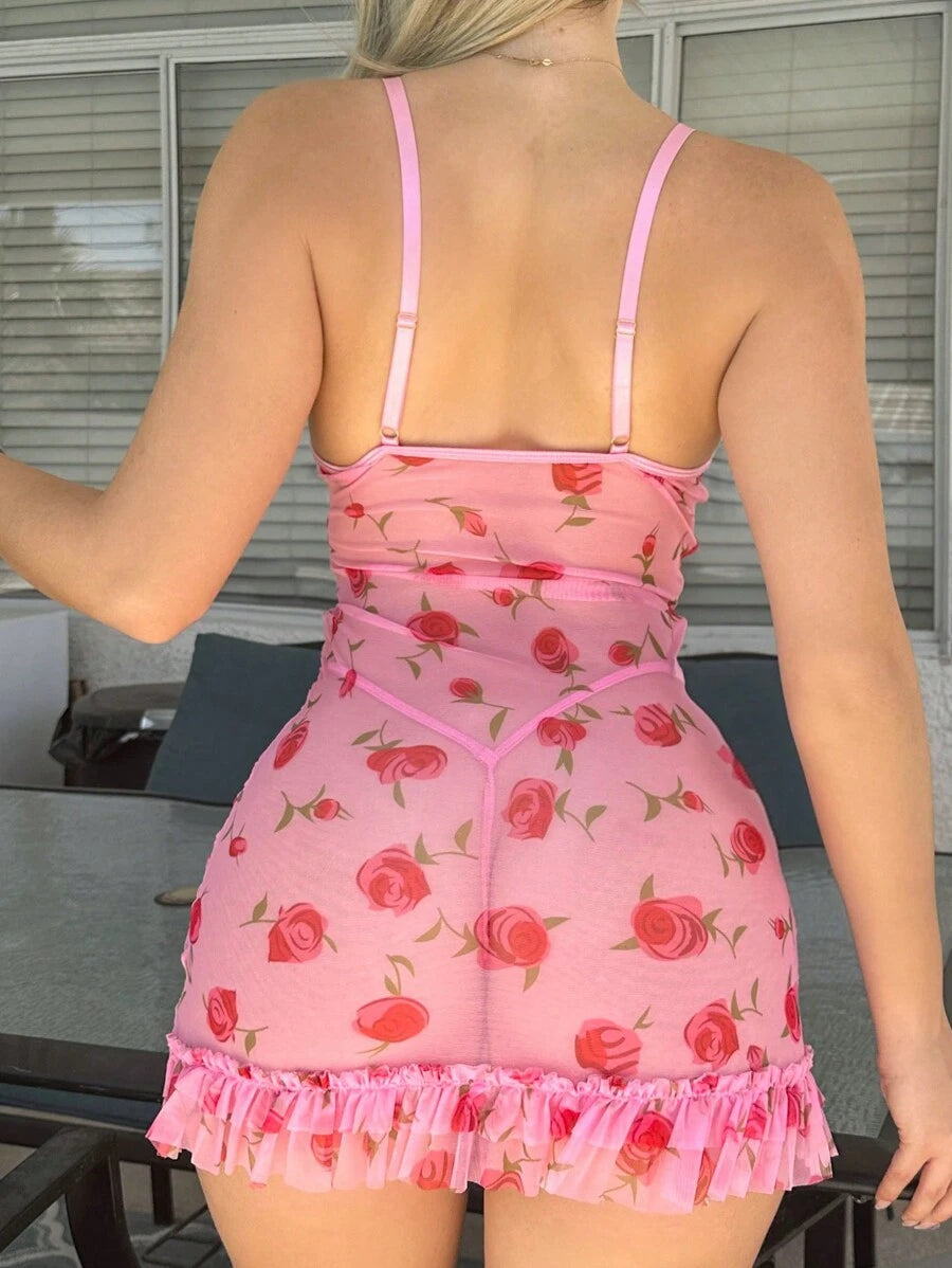Robe de lingerie sexy avec volants froissés à imprimé floral, armature et mesh avec string