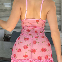 Robe de lingerie sexy avec volants froissés à imprimé floral, armature et mesh avec string