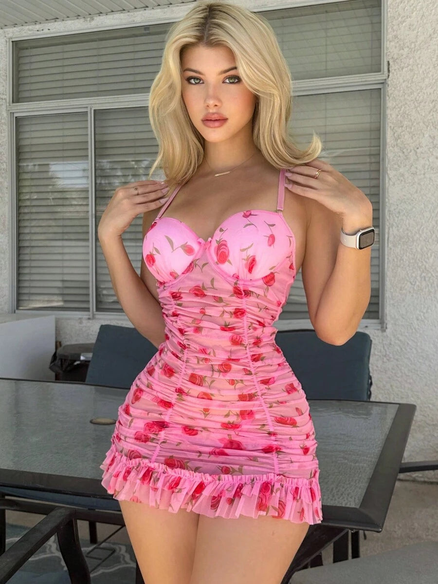 Robe de lingerie sexy avec volants froissés à imprimé floral, armature et mesh avec string