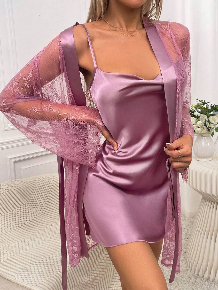 Ensemble de pyjama simple et sobre avec décoration en dentelle pour femmes, lingerie de mariée, vêtements d'automne