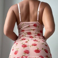 Robe de lingerie sexy avec volants froissés à imprimé floral, armature et mesh avec string