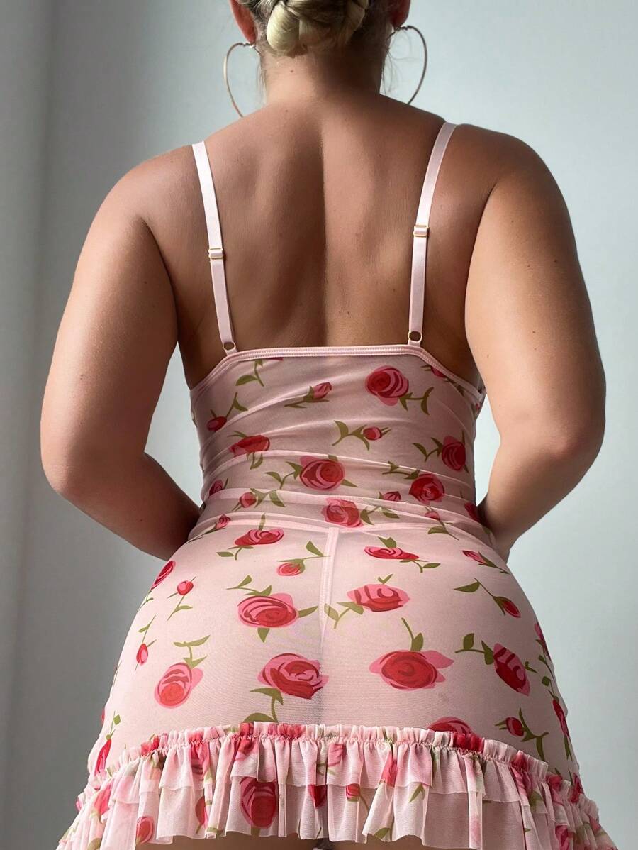 Robe de lingerie sexy avec volants froissés à imprimé floral, armature et mesh avec string