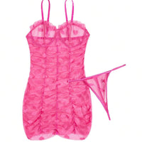 Robe de lingerie sexy avec armature, garniture à volants en maille en forme de cœur et string