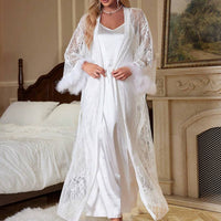 Slumberist 3 pièces Ensemble de vêtements de nuit pour femmes avec robe de chambre en dentelle contrastée, nuisette en satin et shorts, vacances