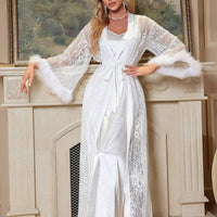 Slumberist 3 pièces Ensemble de vêtements de nuit pour femmes avec robe de chambre en dentelle contrastée, nuisette en satin et shorts, vacances