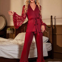 Ensemble de pyjama avec manches à volants en maille contrastée et ceinture, tenue de vacances, vêtements d'automne