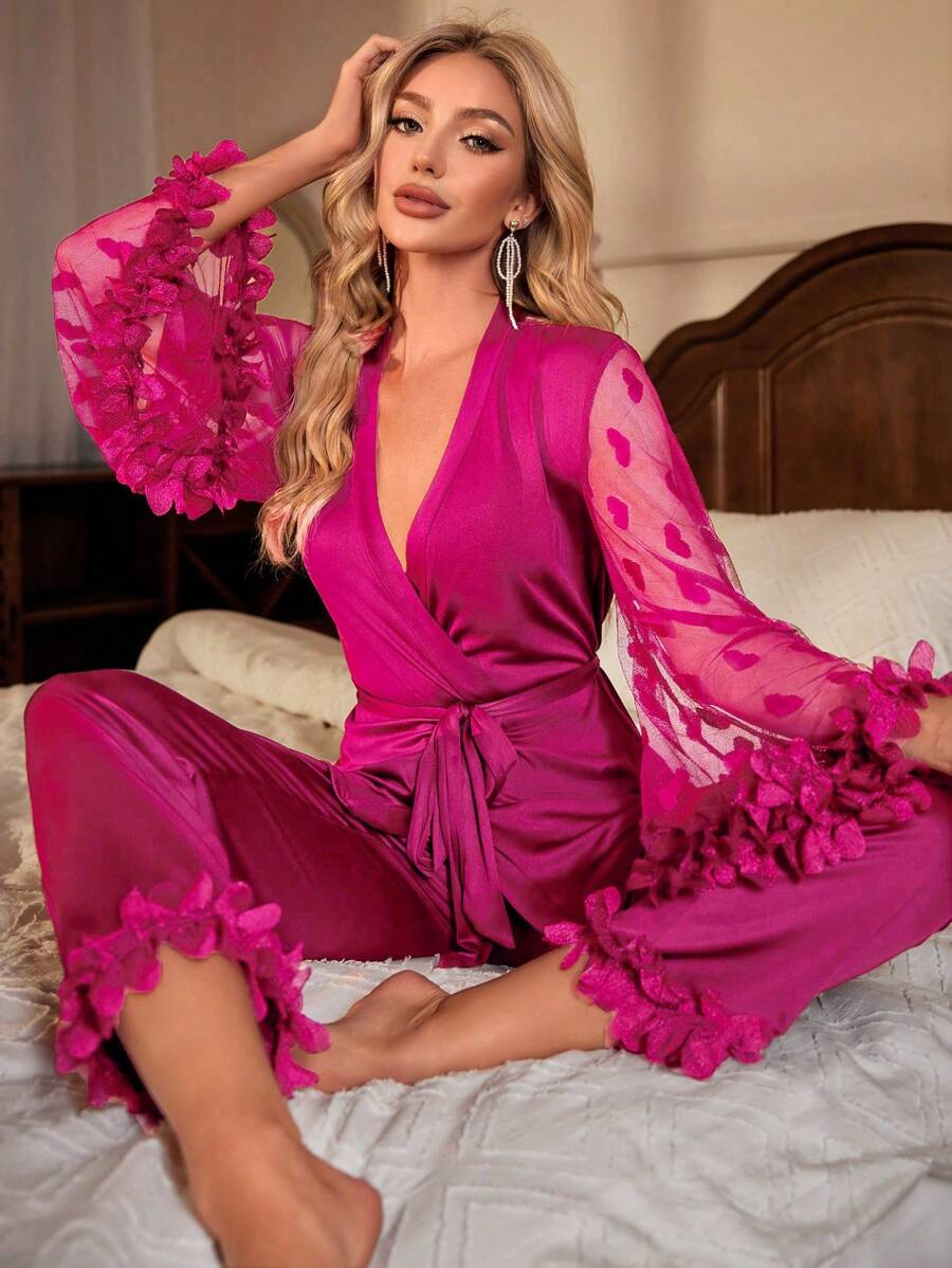 Ensemble de pyjama avec manches à volants en maille contrastée et ceinture, tenue de vacances, vêtements d'automne