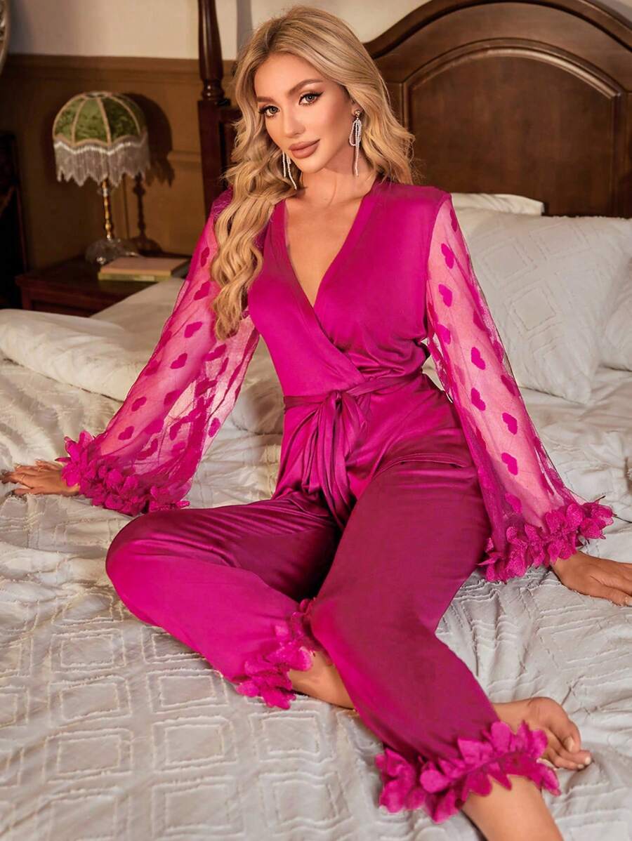 Ensemble de pyjama avec manches à volants en maille contrastée et ceinture, tenue de vacances, vêtements d'automne