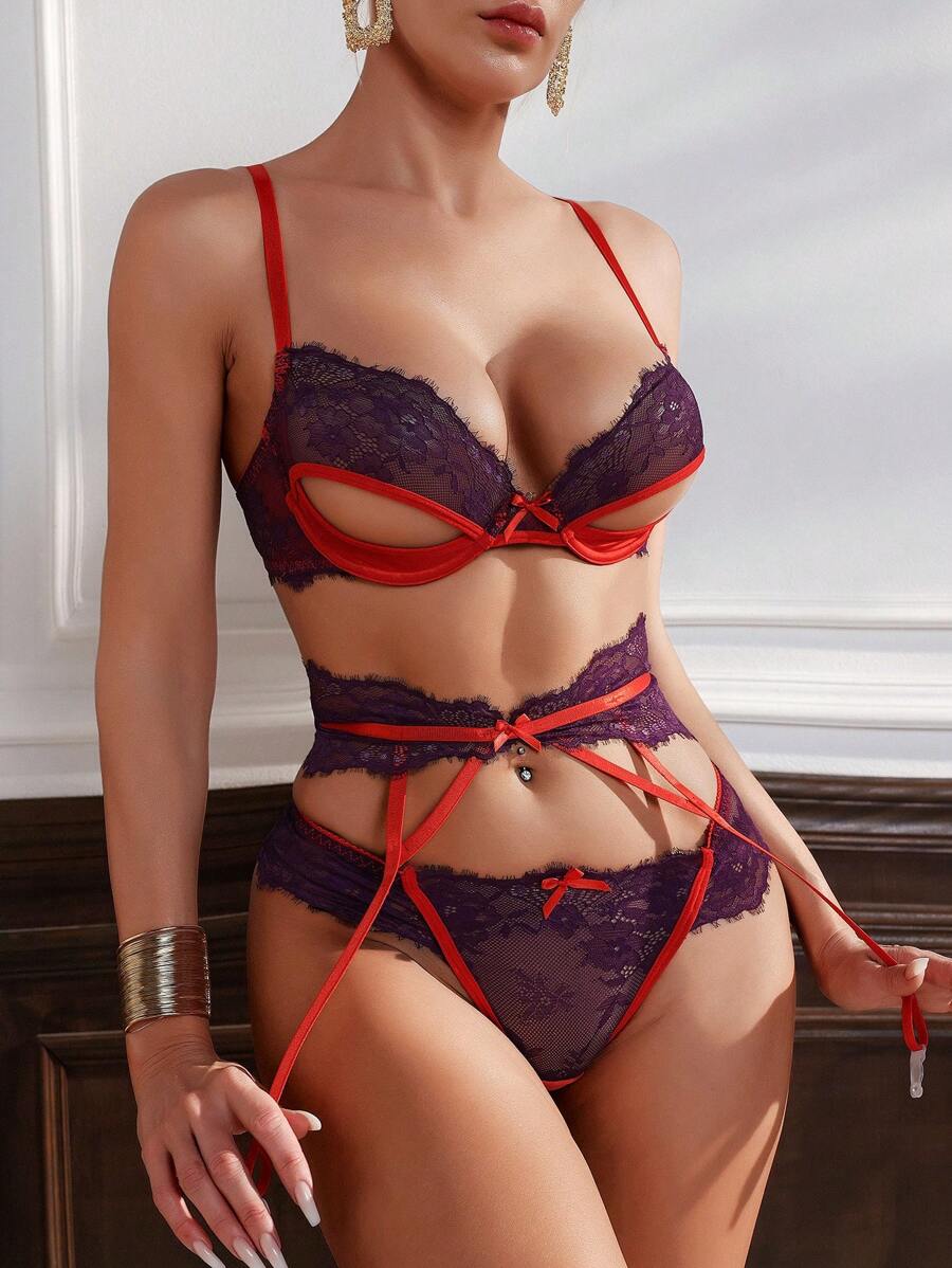 Ensemble De Lingerie En Dentelle Sexy À Blocs De Couleurs Creux Pour Femmes