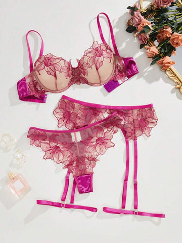4 pièces/set Soutien-gorge sexy à armatures avec broderie florale romantique