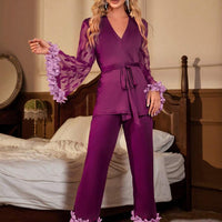 Ensemble de pyjama avec manches à volants en maille contrastée et ceinture, tenue de vacances, vêtements d'automne