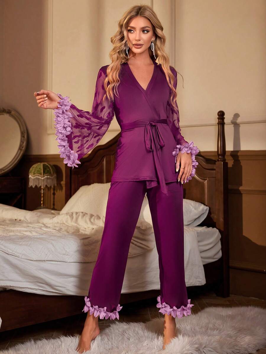 Ensemble de pyjama avec manches à volants en maille contrastée et ceinture, tenue de vacances, vêtements d'automne