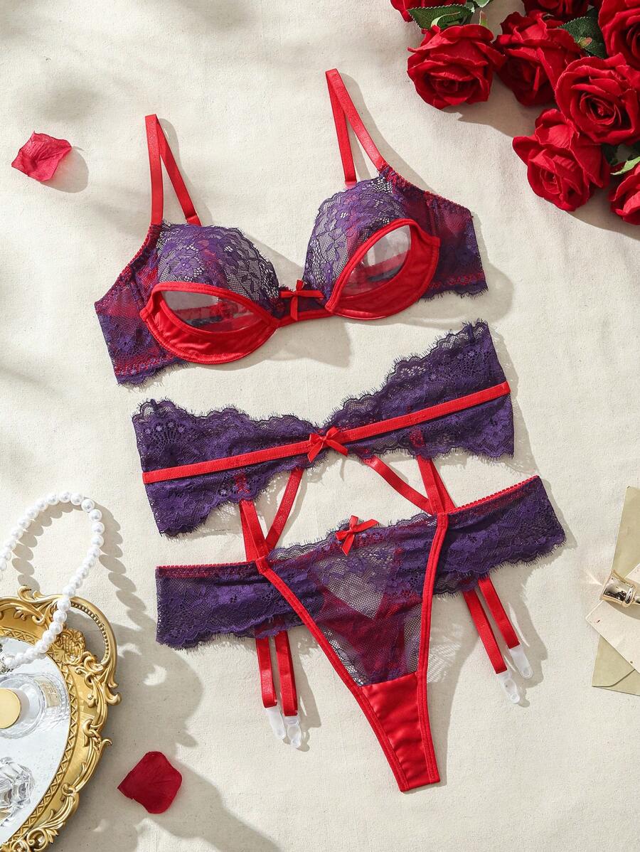Ensemble De Lingerie En Dentelle Sexy À Blocs De Couleurs Creux Pour Femmes