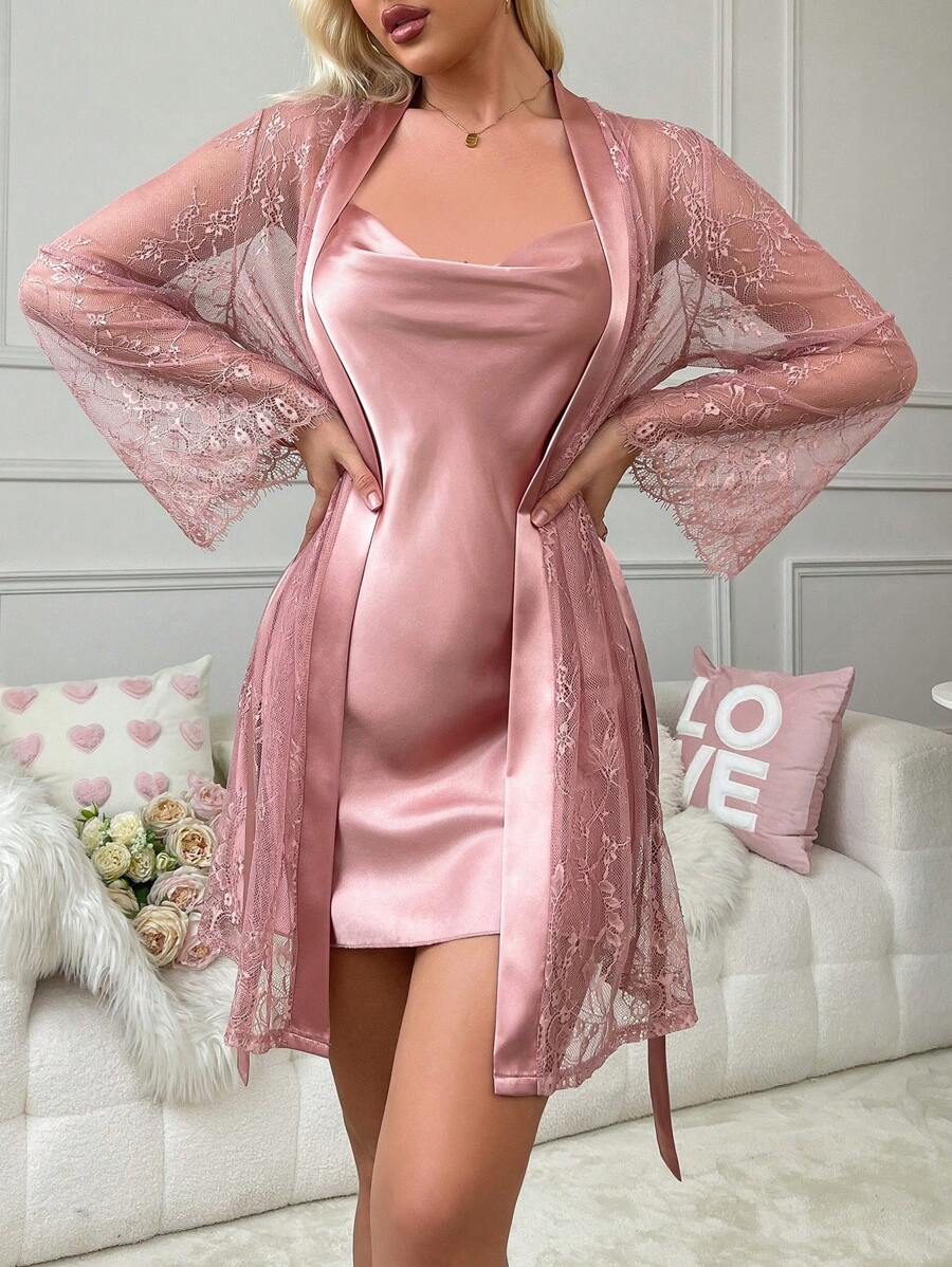 Ensemble de pyjama simple et sobre avec décoration en dentelle pour femmes, lingerie de mariée, vêtements d'automne