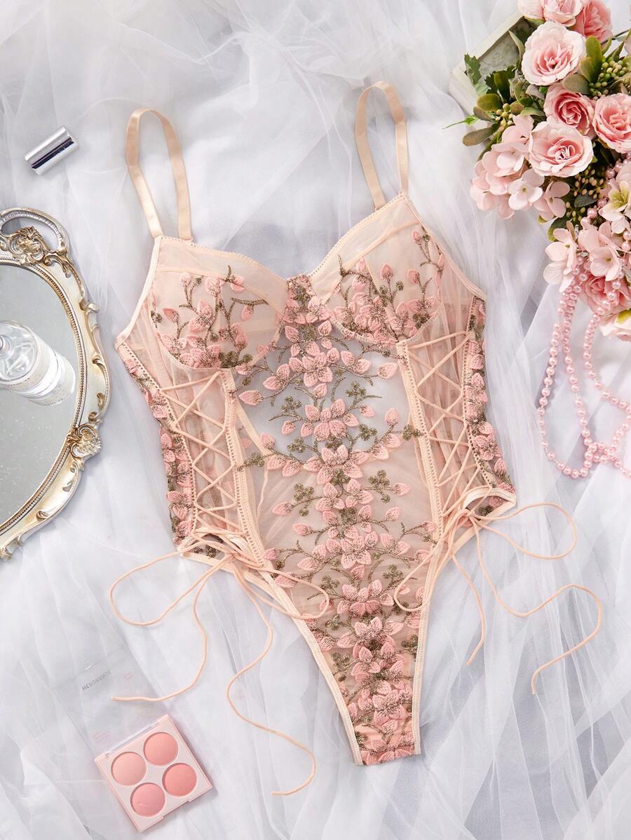 FloralLove Body en tulle brodé avec laçage