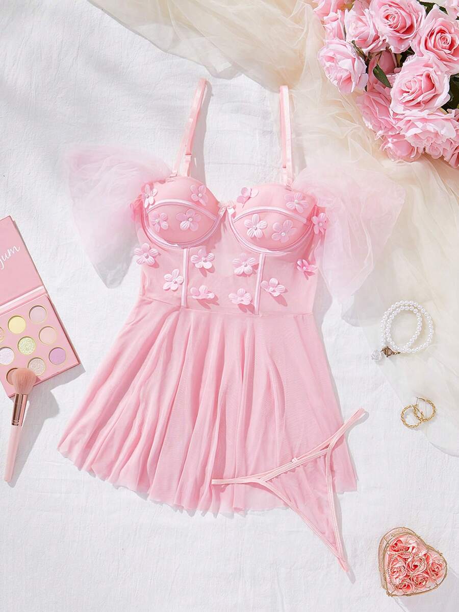 Crystal Vow Robe de lingerie sexy avec appliqués en maille, armature et string