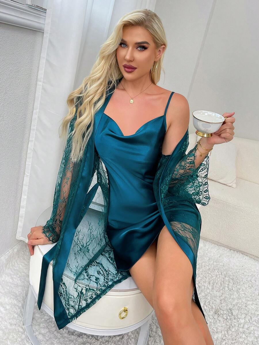 Ensemble de pyjama simple et sobre avec décoration en dentelle pour femmes, lingerie de mariée, vêtements d'automne