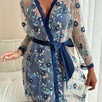 2 pièces Ensemble de nuisette et robe de chambre avec broderie florale sexy, vêtements d'automne