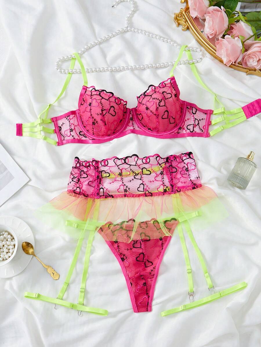 SHEIN 5 pièces Ensemble de lingerie sexy pour femmes brodé avec soutien-gorge à armatures