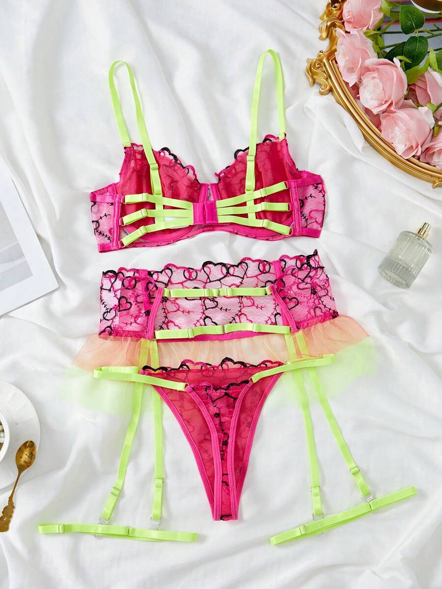 SHEIN 5 pièces Ensemble de lingerie sexy pour femmes brodé avec soutien-gorge à armatures