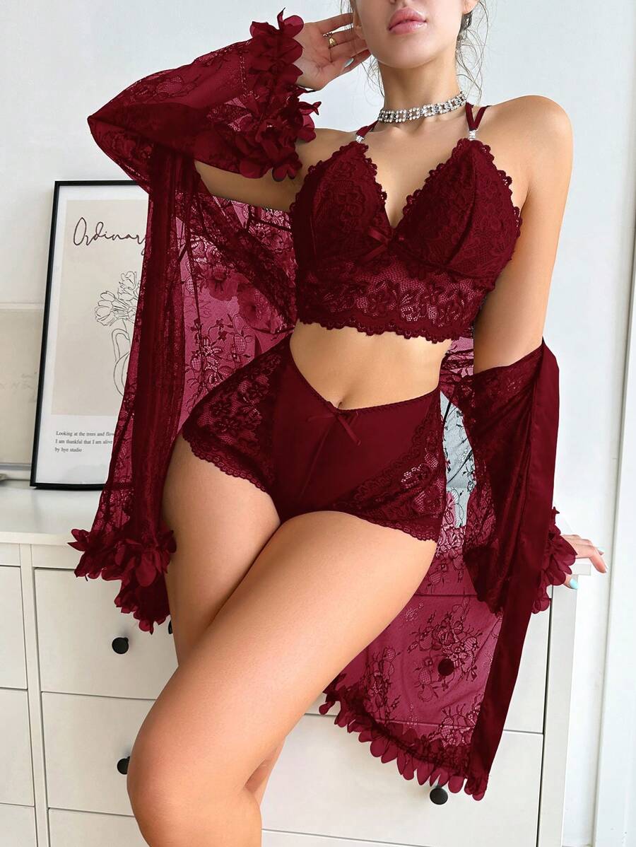 SilkySpell Ensemble de lingerie sexy avec patchwork en dentelle pour femmes