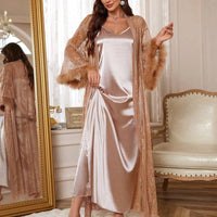 Slumberist 3 pièces Ensemble de vêtements de nuit pour femmes avec robe de chambre en dentelle contrastée, nuisette en satin et shorts, vacances