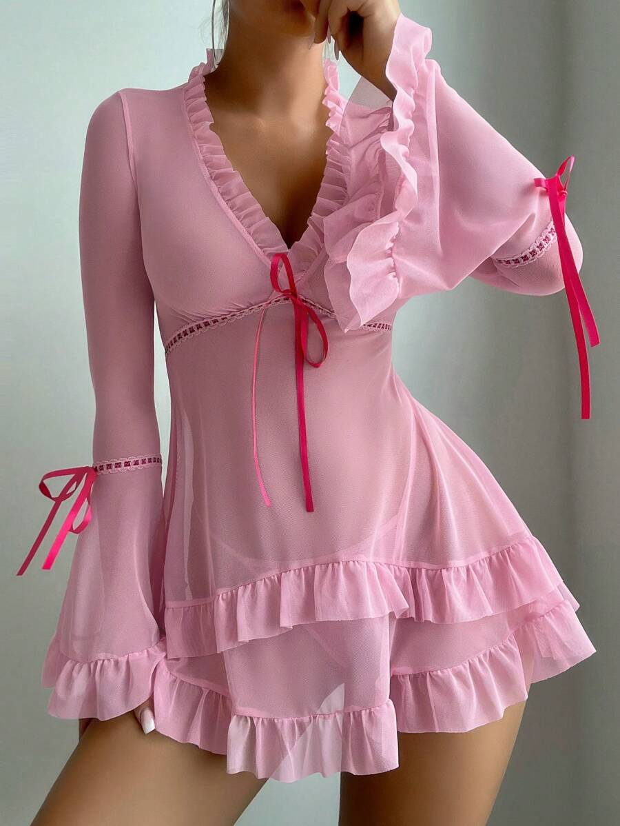 Robe de lingerie sexy à manches longues avec volants rétro