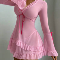 Robe de lingerie sexy à manches longues avec volants rétro