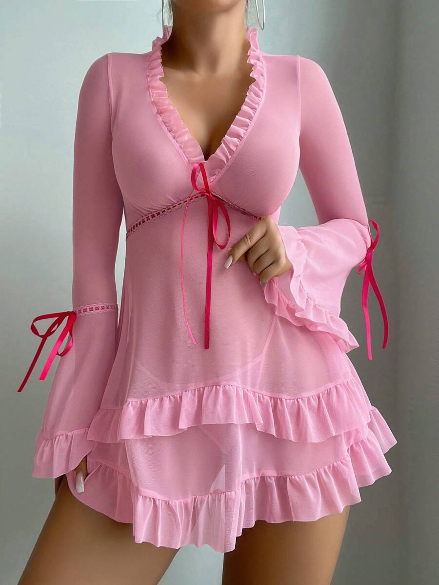 Robe de lingerie sexy à manches longues avec volants rétro