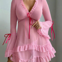 Robe de lingerie sexy à manches longues avec volants rétro