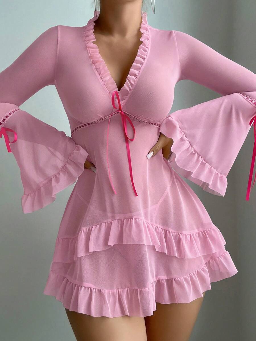 Robe de lingerie sexy à manches longues avec volants rétro