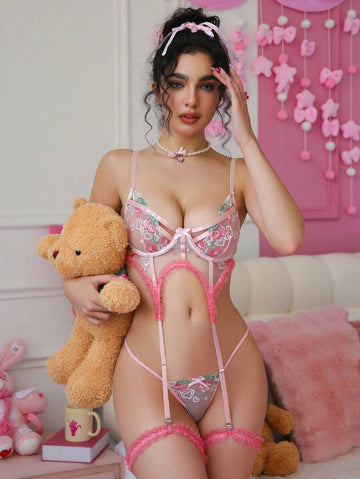 SHEIN 4 pièces Ensemble de lingerie sexy pour femmes avec broderie de cœur romantique de campagne, mignon et doux, pour les sorties