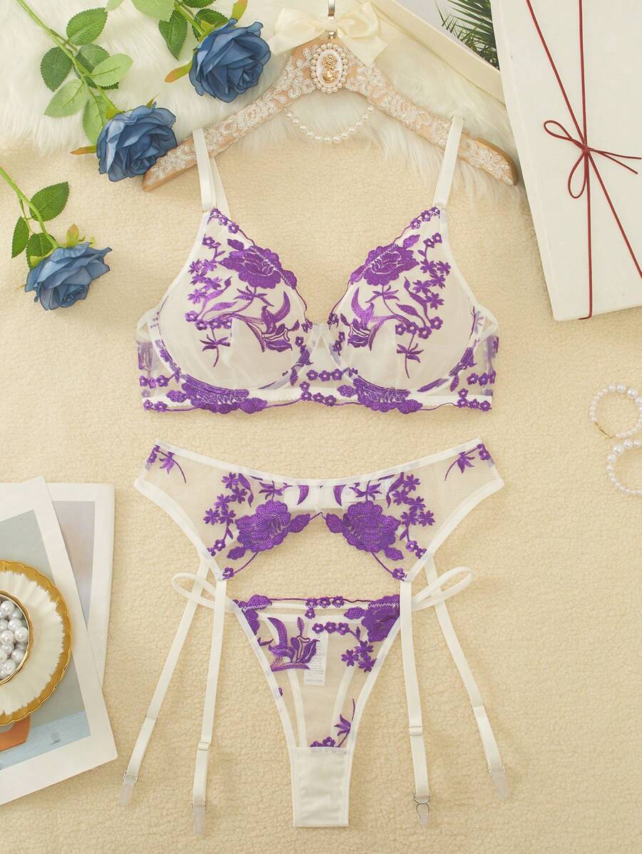 SHEIN 3 pièces/set Ensemble soutien-gorge sans fil et culotte violet sexy avec broderie florale pour femmes