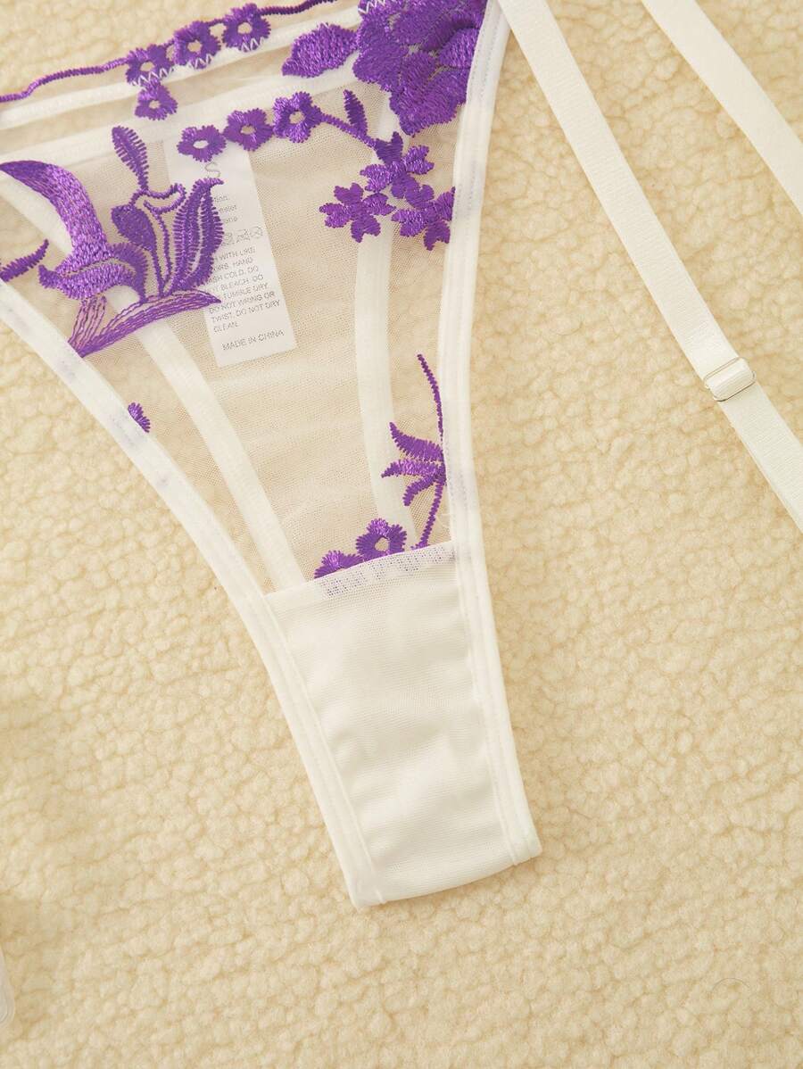 SHEIN 3 pièces/set Ensemble soutien-gorge sans fil et culotte violet sexy avec broderie florale pour femmes