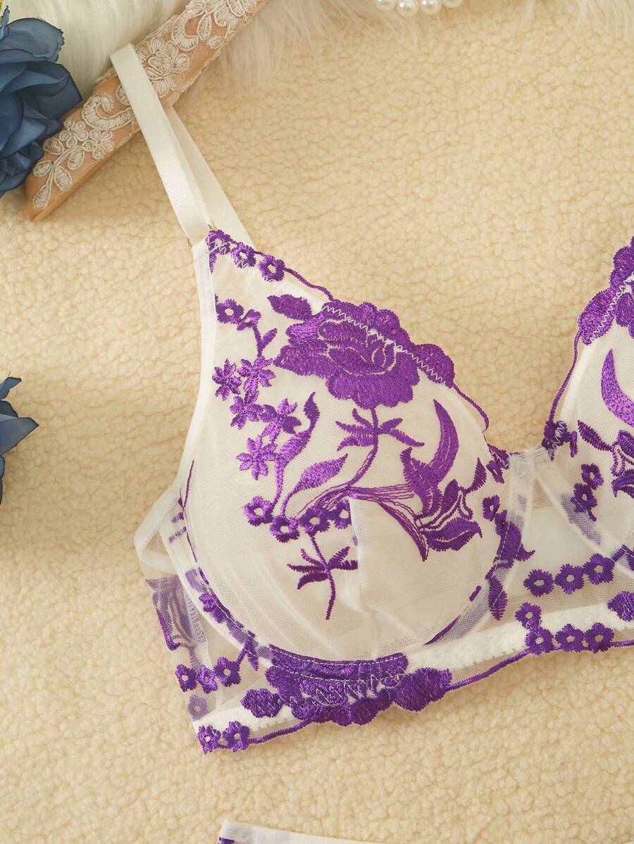 SHEIN 3 pièces/set Ensemble soutien-gorge sans fil et culotte violet sexy avec broderie florale pour femmes