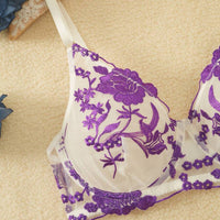 SHEIN 3 pièces/set Ensemble soutien-gorge sans fil et culotte violet sexy avec broderie florale pour femmes