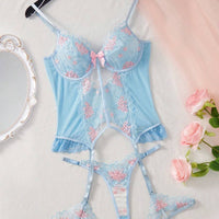 Ensemble de lingerie 4 pièces comprenant un soutien-gorge sexy en maille brodée avec nœud papillon, un dos en T et un anneau pour la jambe