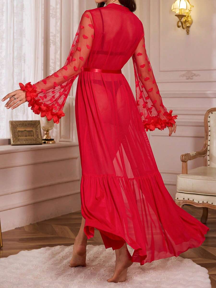 Robe ample à volant de tulle à décor floral 3D