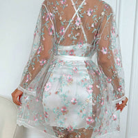 2 pièces Ensemble de nuisette et robe de chambre avec broderie florale sexy, vêtements d'automne