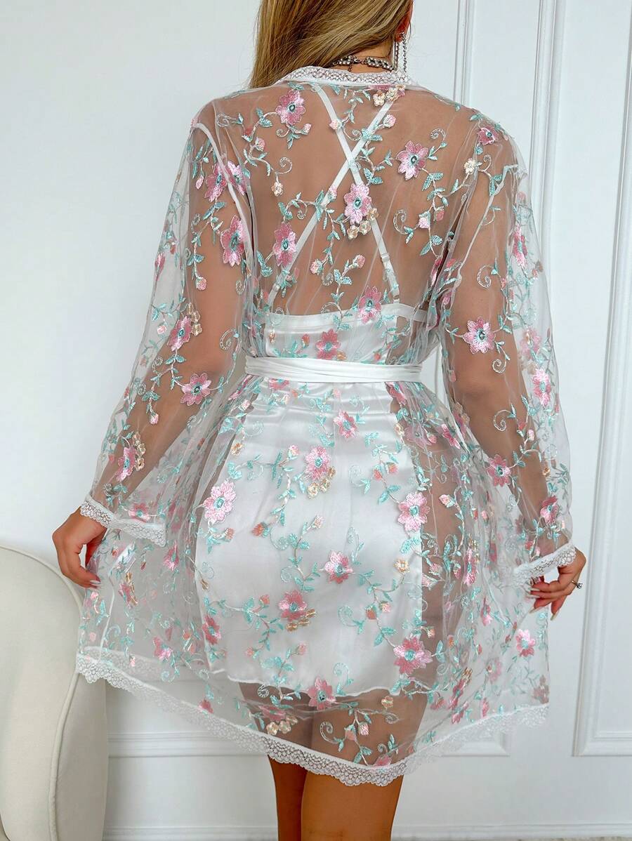 2 pièces Ensemble de nuisette et robe de chambre avec broderie florale sexy, vêtements d'automne