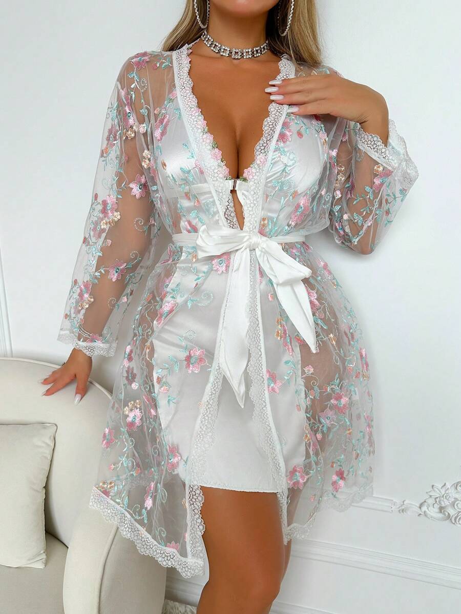 2 pièces Ensemble de nuisette et robe de chambre avec broderie florale sexy, vêtements d'automne