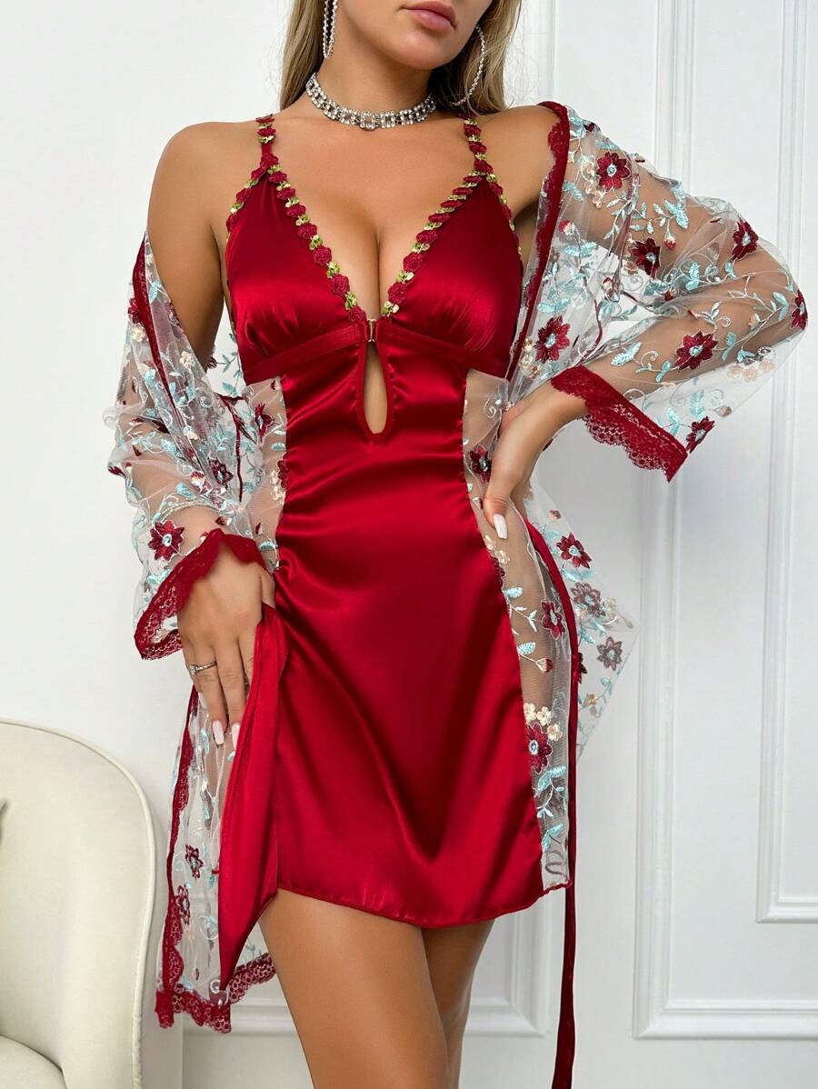 2 pièces Ensemble de nuisette et robe de chambre avec broderie florale sexy, vêtements d'automne