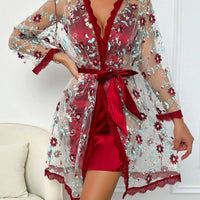 2 pièces Ensemble de nuisette et robe de chambre avec broderie florale sexy, vêtements d'automne
